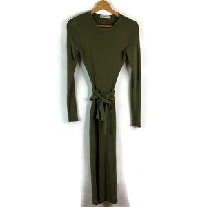 Zara Womens Olive Green Dress Knit Open Back Tie Waist Long Sleeve Bodycon M
